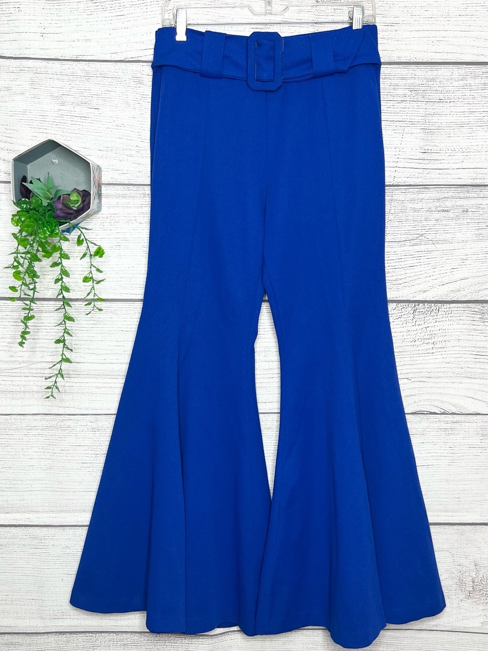 Vintage 1970’s High-Waist Royal Blue Belted Flare Bell Bottom Pants Size Medium
